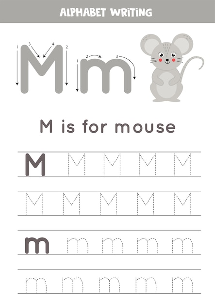 英語のアルファベットのすべての文字をトレースします 子供のための就学前の活動 大文字と小文字のmを書く 灰色のマウスのかわいいイラスト 印刷可能なワークシート プレミアムベクター