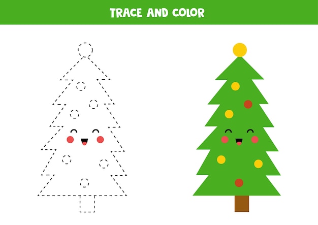 かわいいクリスマスツリーをトレースして着色します 手書きの練習 プレミアムベクター