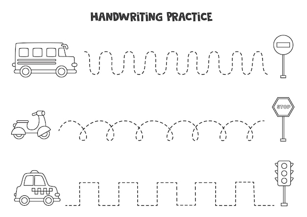 白黒のかわいい移動手段で子供たちの線路をなぞります 子供向けの手書き練習 プレミアムベクター