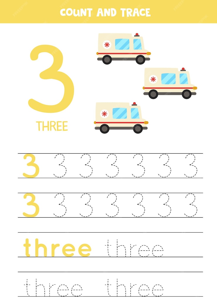 Premium Vector | Tracing number 3 and the word three. handwriting ...