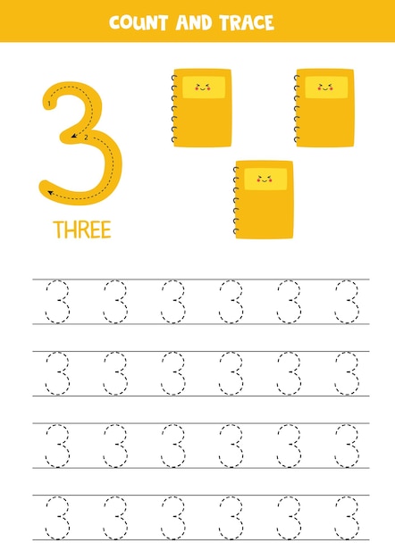 Premium Vector | Tracing number three worksheet with cute notebooks.