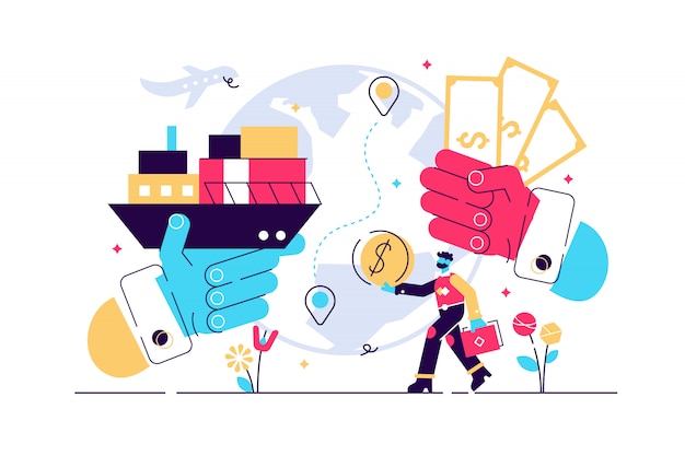Trade illustration. flat tiny success global financial deals persons concept. abstract symbolic international economy export market visualization and company partnership cooperation management.