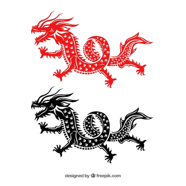 Traditional chinese dragon in black and red\
silhouette