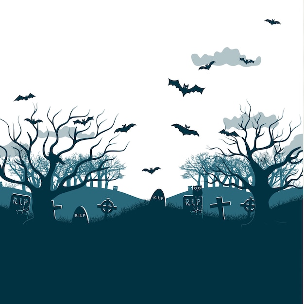 2つの枯れ木 墓と墓地の十字架の上を飛んでいるコウモリ 灰色の雲が平らな伝統的な休日のハロウィーンの夜のパーティーのイラスト 無料のベクター