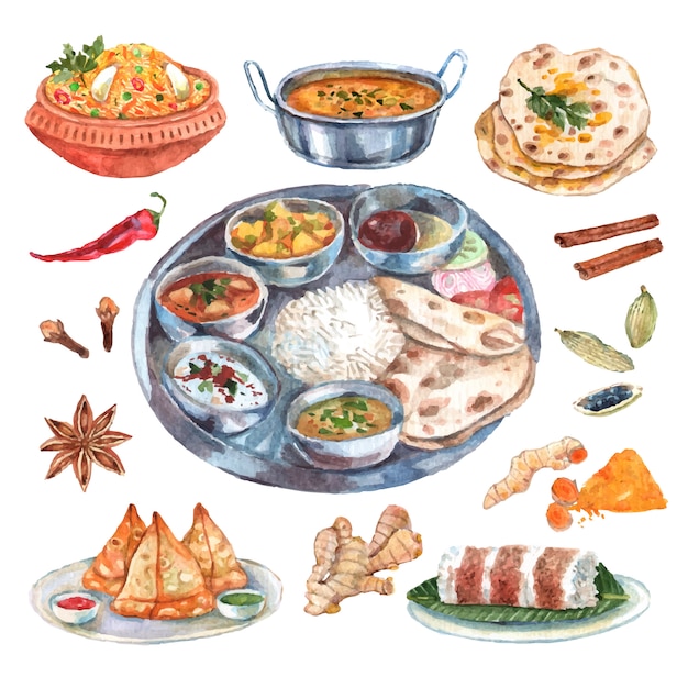 Traditional indian cuisine restaurant food\
ingredients pictograms composition poster