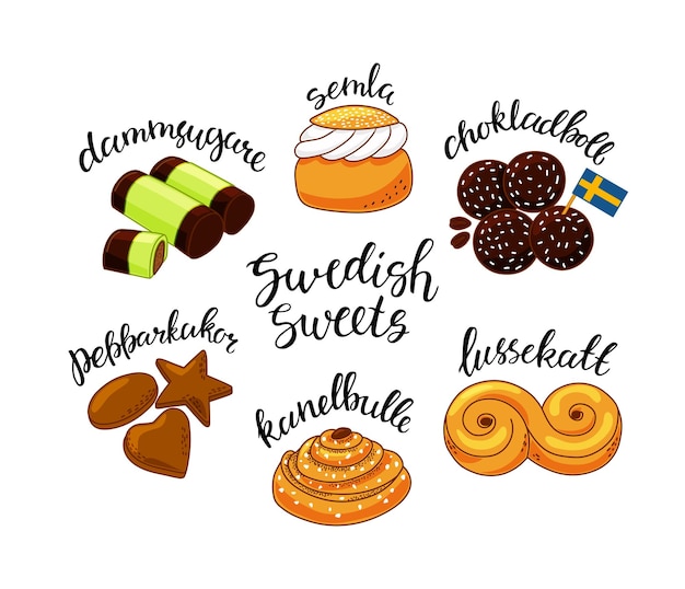 伝統的なスウェーデンのお菓子は 漫画風のイラストを設定します プレミアムベクター