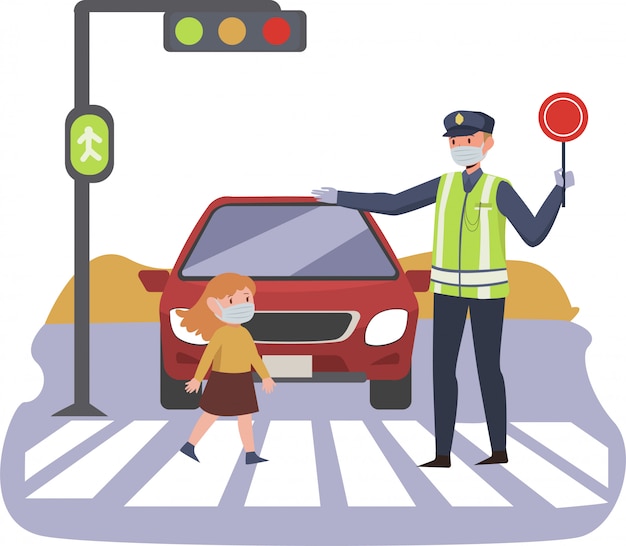 Premium Vector | Traffic police is helping a young little girl crossing ...