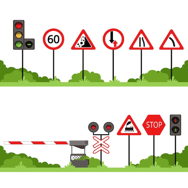 交通標識セット さまざまな道路標識ベクトルイラスト プレミアムベクター