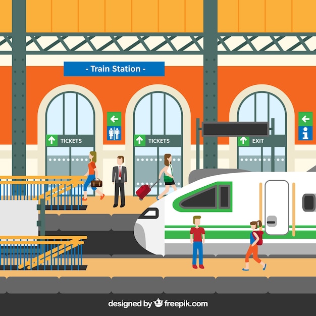 Train station with characters in flat
design