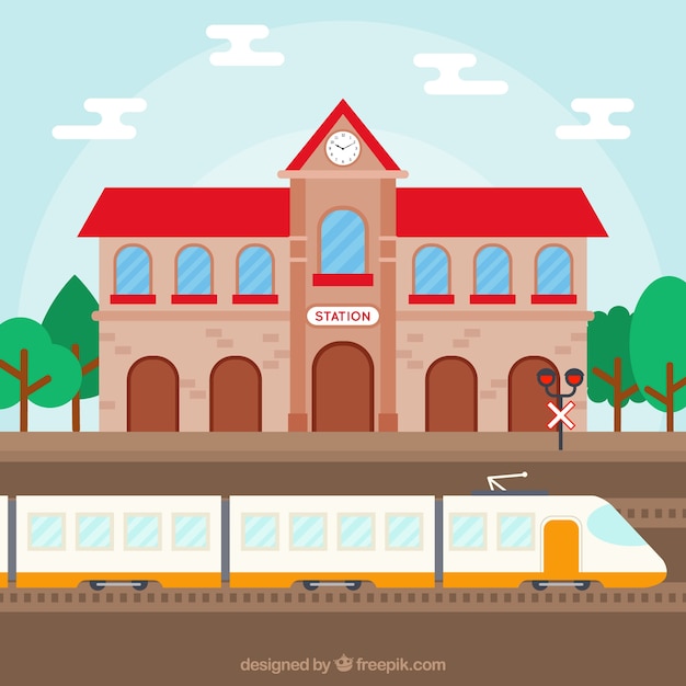 Train station with modern train in flat
design