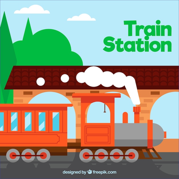 Train station with orange train in flat design Vector | Free Download