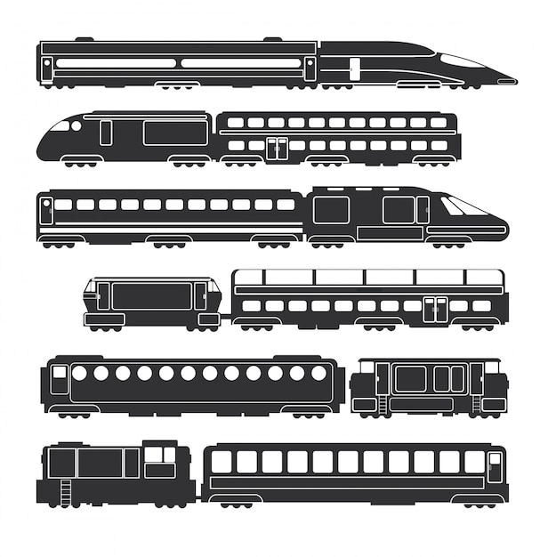 電車と貨車黒ベクトル鉄道貨物と旅客輸送のシルエット プレミアムベクター