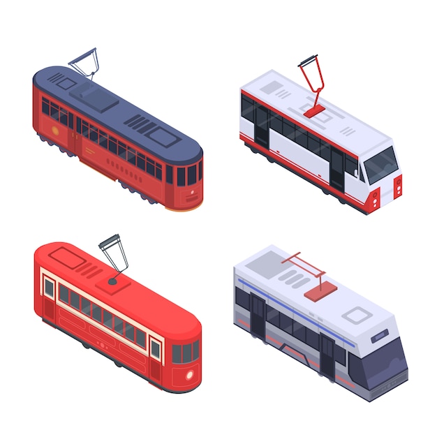 Tram car icon set. isometric set of tram car vector icons for web design isolated on white background Premium Vector