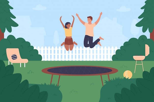 トランポリン家族ジャンプイラスト 漫画の平らな若者がジャンプし 一緒に楽しみ アクティブな幸せなジャンパーキャラクターがトランポリンで高く跳ねます 夏のレジャー野外活動の背景 プレミアムベクター
