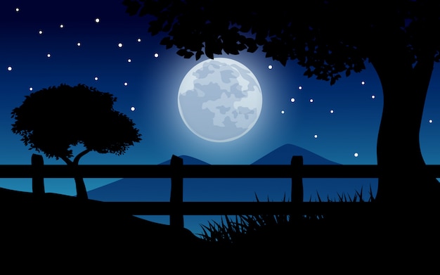 Premium Vector | Tranquil night with tree and fence silhouette