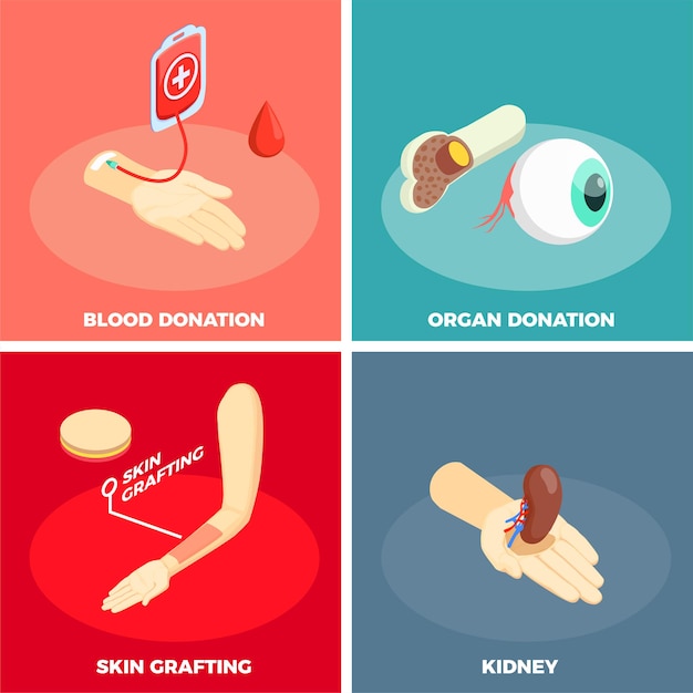 Download Free Vector | Transplantation 2x2 design concept with organ donation skin grafting and blood ...