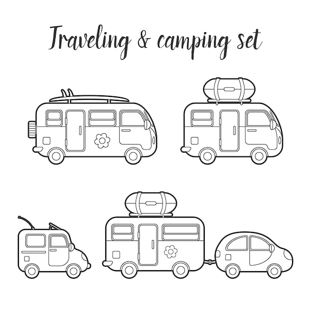 輸送キャラバンとトレーラーの分離セット トレーラーハウスタイプのイラスト トラベラートラックベクトルアイコン 家族旅行者のトラックの夏の旅行の概念 プレミアムベクター