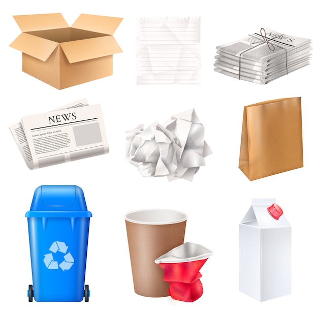 ゴミ箱と廃棄物が段ボールと紙の現実的な分離設定 無料ベクター