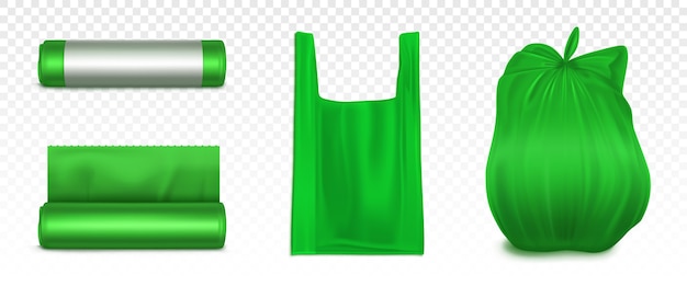 Download Free Vector | Trash bag mockup, plastic roll and sack empty full of garbage. green disposable ...