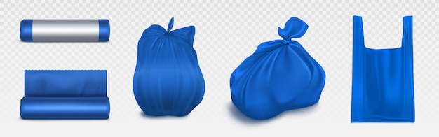 Download Free Vector | Trash bag mockup, plastic roll and sack full of garbage. blue disposable package ...