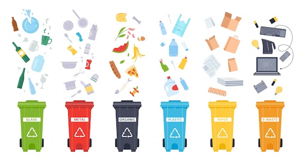 ゴミ箱 有機 電子廃棄物 プラスチック 紙 ガラス 金属のゴミ箱 ゴミをリサイクルして環境イラストセットを保存 廃棄物の分別 白い背景の上のゴミ箱 プレミアムベクター