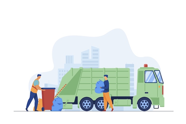 Trash pickup worker cleaning dustbin at truck. man carrying trash in plastic bag flat vector illustration. city service, waste disposal concept Free Vector