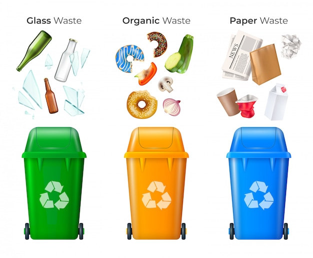 Trash and recycling set with glass and organic waste realistic isolated Free Vector