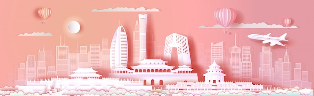 ピンクの背景に北京のアジアのランドマークの街並みを旅行します プレミアムベクター