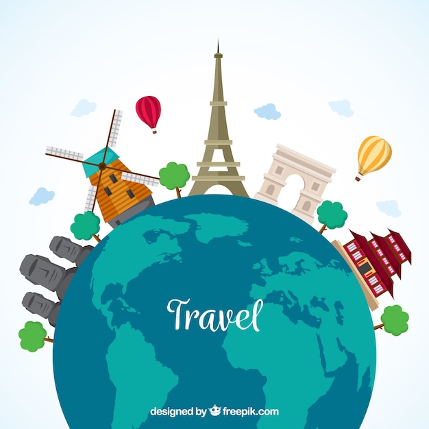 Free Vector | Travel background with monuments around blue earth