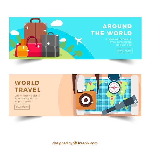 Free Vector | Travel banners around the world with luggage and map