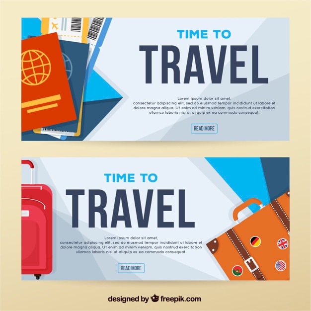 Travel banners with passports and baggage | Free Vector