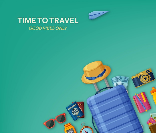 プレミアムベクター スーツケース サングラス 帽子 カメラ 背景色が水色のチケットと旅行の概念 後ろに紙飛行機が飛んでいます いい感じだけ 図