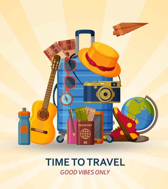 Travel concept with suitcase, sunglasses, hat, camera and globe on yellow sunray background. flying 