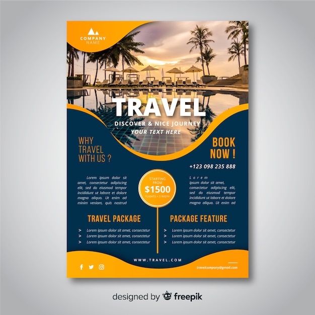 Premium Vector | Travel flyer template with photo