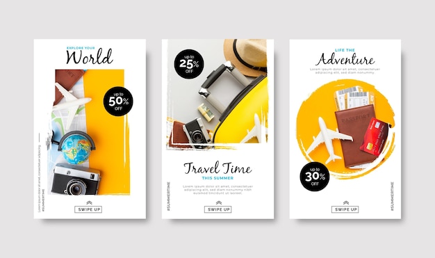 Travel instagram story set with brush strokes Free Vector