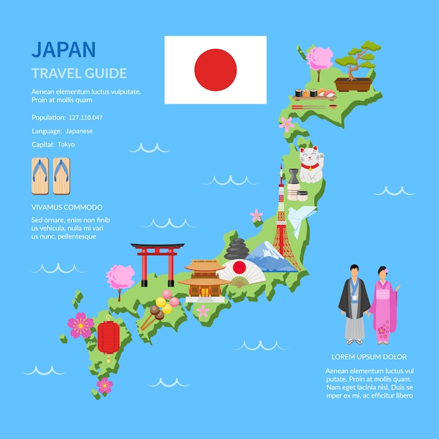 Free Vector | Travel japan guide flat map poster