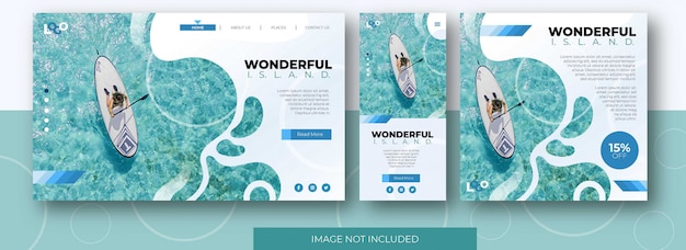 Travel landing page website, app screen and social media feed post template with beach Premium Vecto