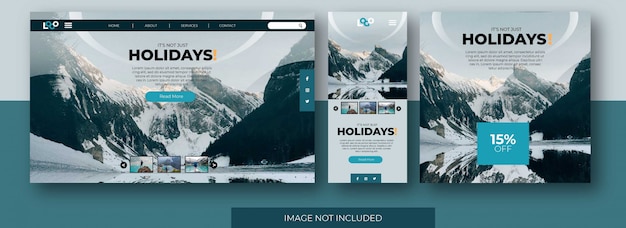 Travel landing page website, app screen and social media feed post template with snow mountain Premi