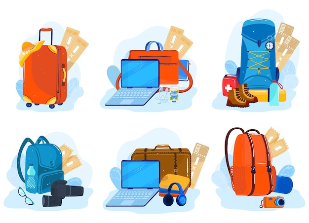 旅行かばん スーツケース バックパック 孤立したイラストのパッケージセット プレミアムベクター
