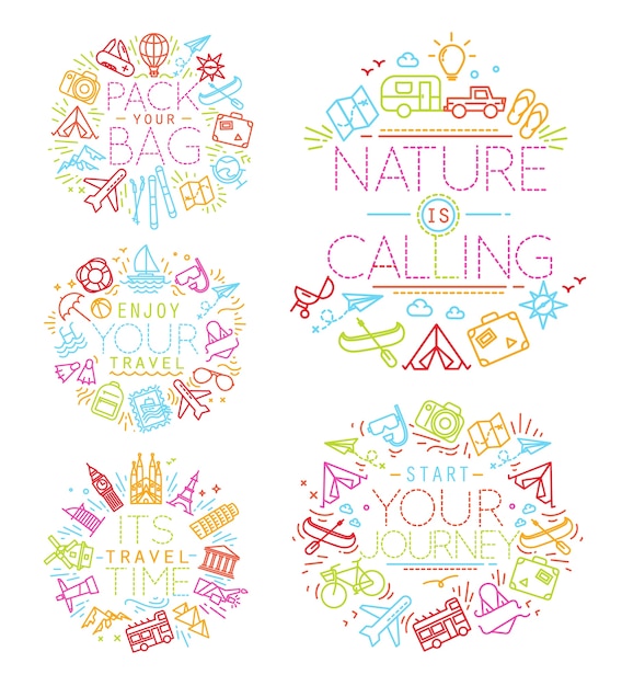 Travel monograms drawing with flat vivid color lines Premium Vector