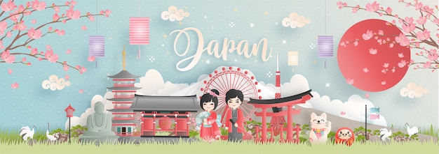 Travel postcard, tour advertising of world famous landmarks of japan Premium Vector