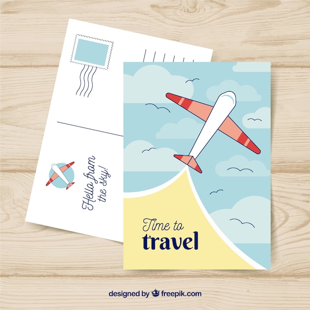 Travel postcard with airplane flying