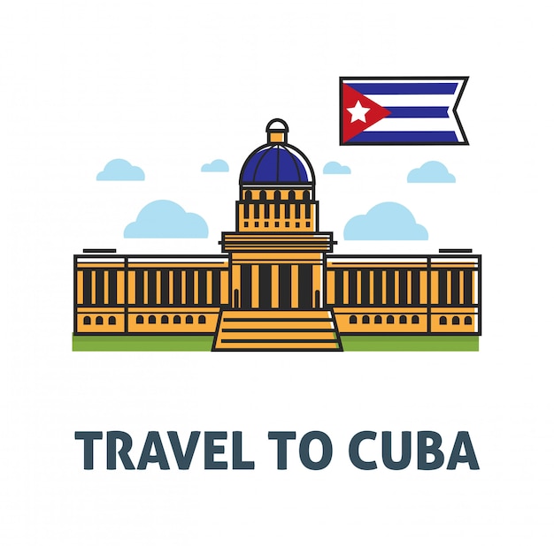 国会議事堂の建物と国旗とキューバのポスターへの旅行します プレミアムベクター