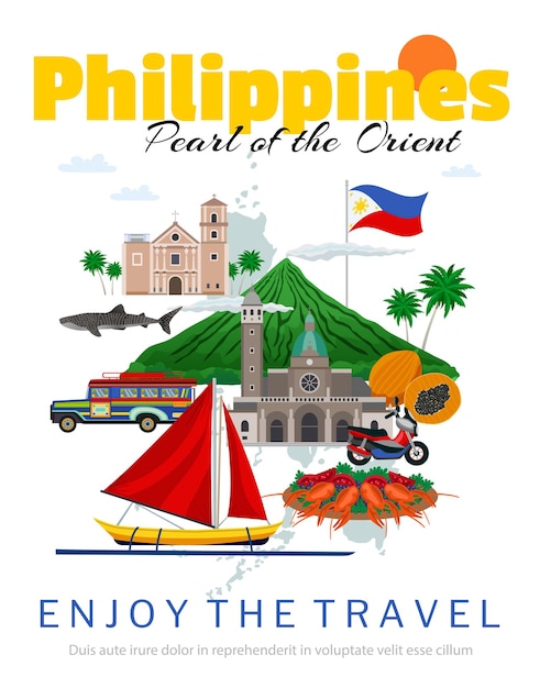 国旗とランドマークのあるフィリピンのポスターへの旅 無料のベクター