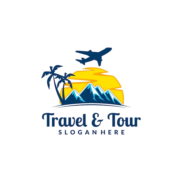 Premium Vector | Travel and tour logo with mountain and airplane concept