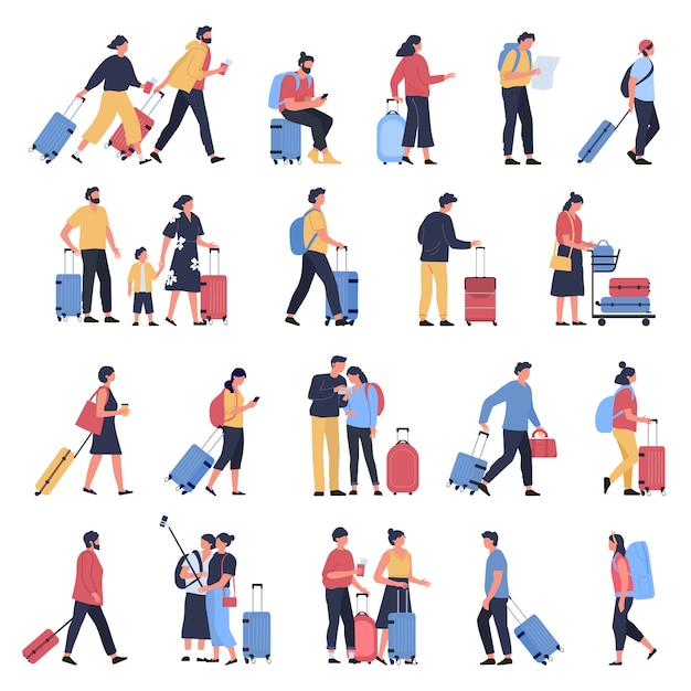 空港での旅行者 ビジネス観光客 空港ターミナルで荷物を待っている人 キャラクターが歩いて急いで搭乗イラストセット プレミアムベクター
