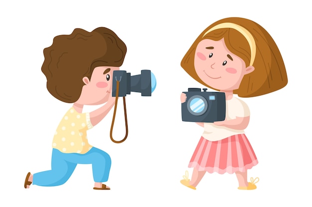 写真カメラで旅行漫画かわいい男の子と女の子 プレミアムベクター