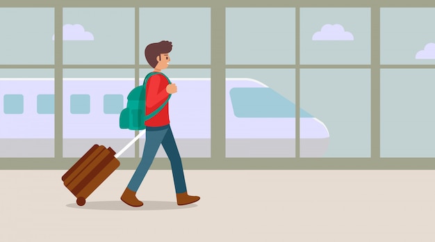 スーツケース イラストと空港ターミナルで歩く若い男の旅 プレミアムベクター