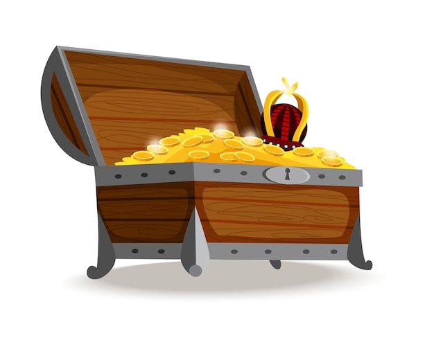 宝箱の等尺性漫画 金貨 宝石 王冠でいっぱいの木製のオープンボックス 海賊の宝箱 にある貴重な宝物 クリスタル 宝石 金貨 ゲームのユーザーインターフェイスのイラスト プレミアムベクター