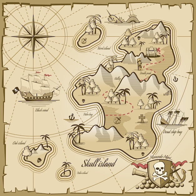 Free Vector | Treasure island vector map in hand drawn style. sea ...